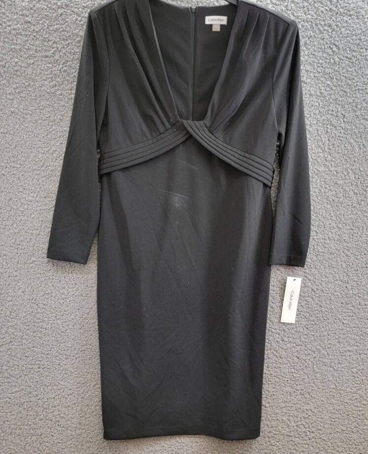 Calvin Klein Pleated V-Neck Sheath Dress Women's 14 Black Back Zip Long Sleeve
