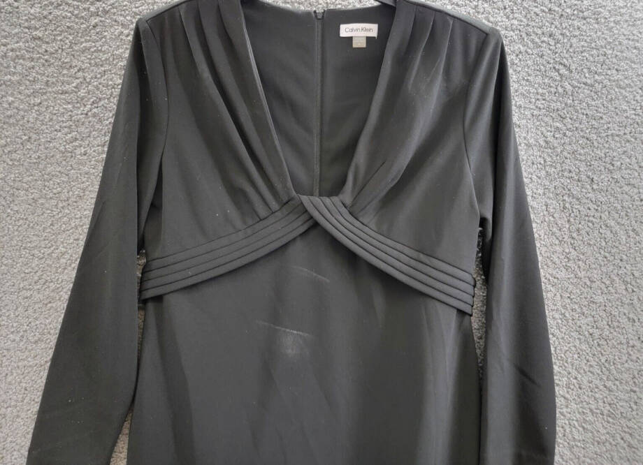 Calvin Klein Pleated V-Neck Sheath Dress Women's 14 Black Back Zip Long Sleeve