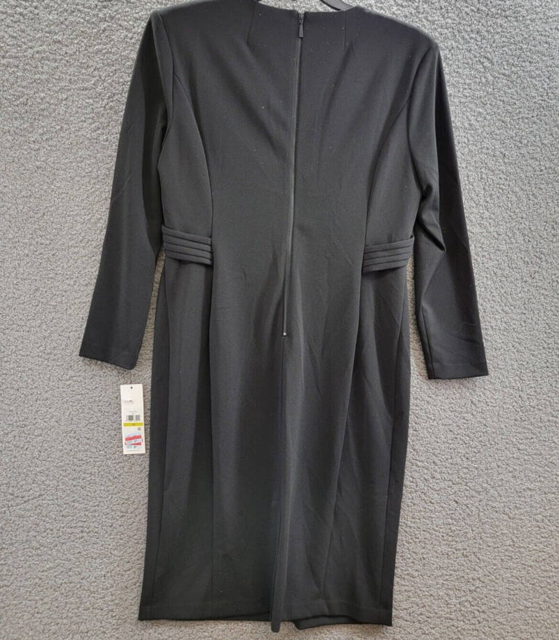 Calvin Klein Pleated V-Neck Sheath Dress Women's 14 Black Back Zip Long Sleeve