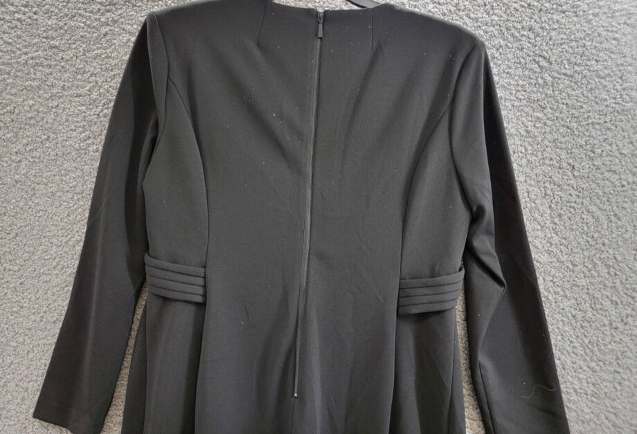 Calvin Klein Pleated V-Neck Sheath Dress Women's 14 Black Back Zip Long Sleeve