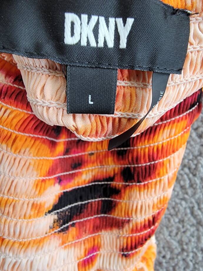 DKNY Printed Satin Strappy Halter Maxi Dress Women's L Orange Blossom Back Tie