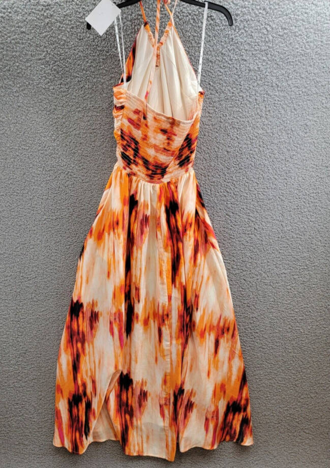 DKNY Printed Satin Strappy Halter Maxi Dress Women's L Orange Blossom Back Tie