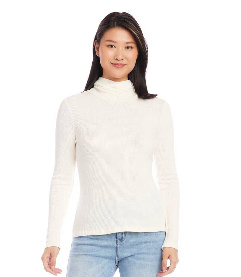 Karen Kane Ribbed Knit Turtleneck Top Women's S Dark Cream Long Sleeve Pullover