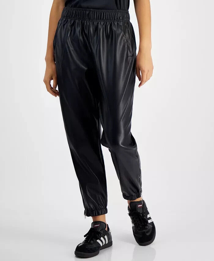 Avec Les Filles Faux-Leather Ankle-Zip Jogger Pants Women's XL Black Pull On
