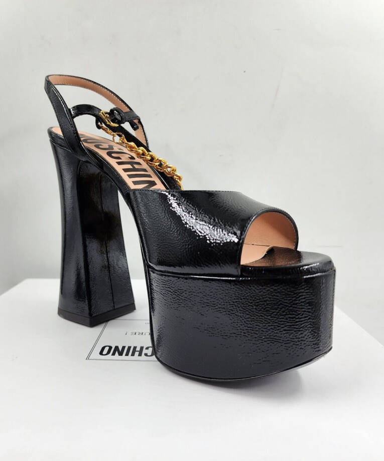 Moschino High Heel Platform Sandal Womens 8.5 Black Buckled Ankle Strap Open Toe
