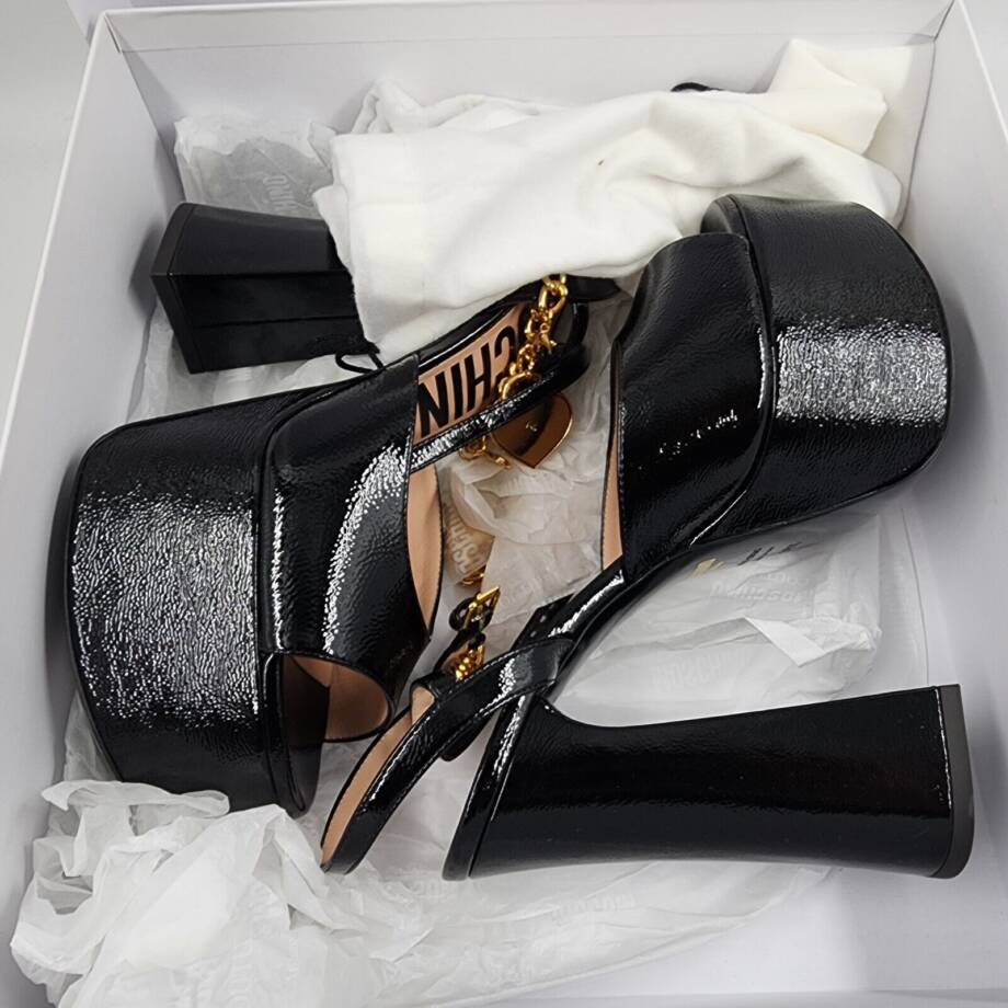 Moschino High Heel Platform Sandal Womens 8.5 Black Buckled Ankle Strap Open Toe