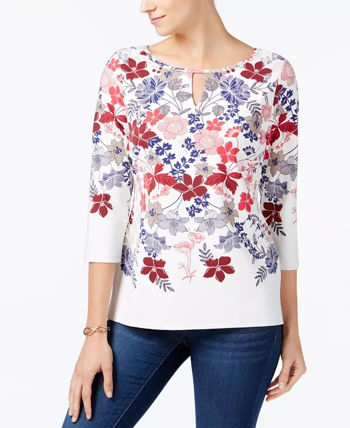 Charter Club Floral Print Keyhole Top Women's L Cloud Combo 3/4 Sleeve Pullover