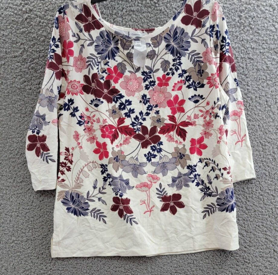Charter Club Floral Print Keyhole Top Women's L Cloud Combo 3/4 Sleeve Pullover