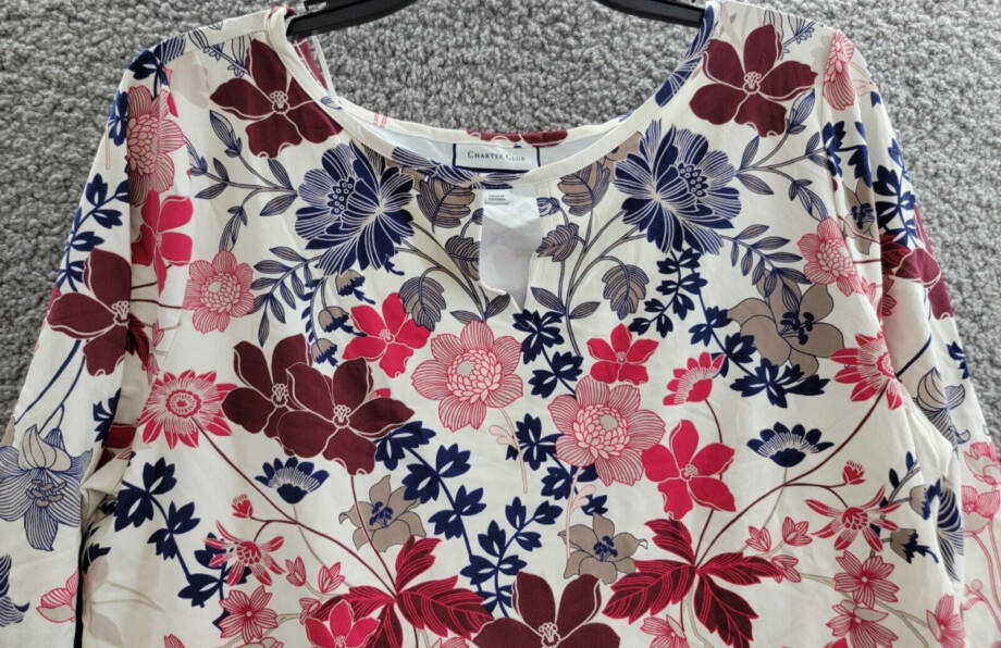 Charter Club Floral Print Keyhole Top Women's L Cloud Combo 3/4 Sleeve Pullover