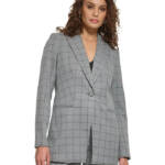 Calvin Klein Check Peak-Lapel Topper Jacket Women's 8 Charcoal/Black Long Sleeve