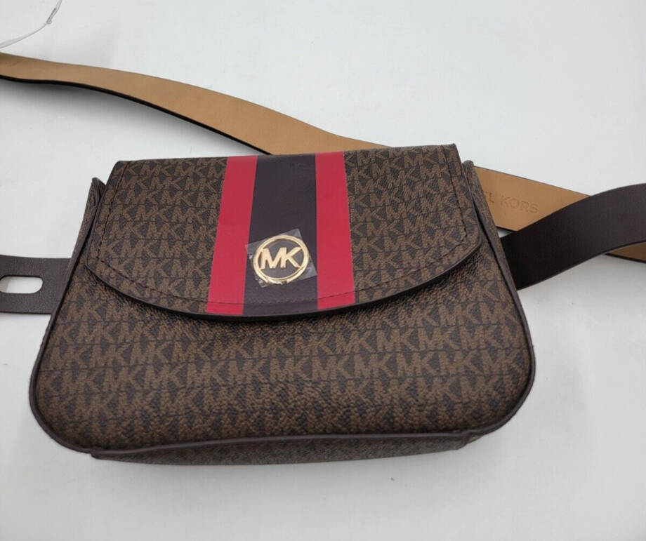 Michael Kors Striped Logo Belt Bag Women's S/M Brown Multi Magnetic Snap Closure