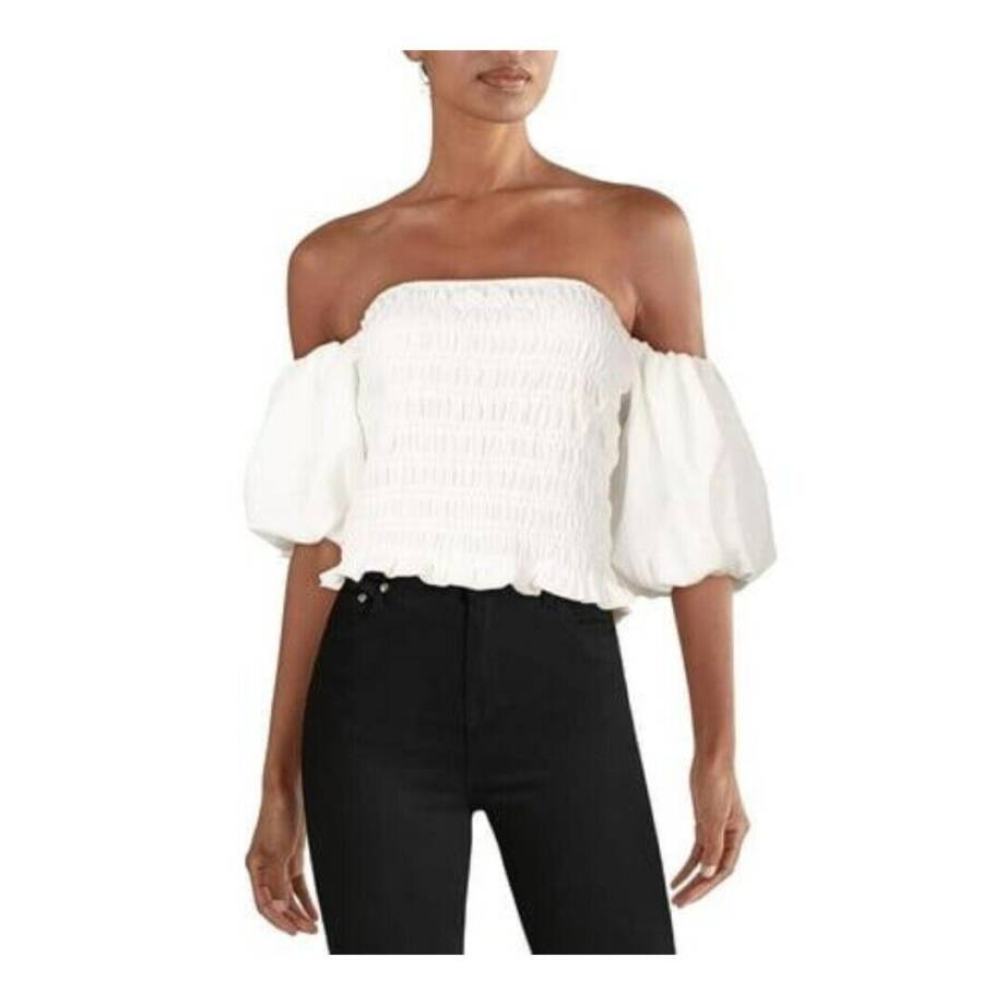 Line & Dot Smocked Off The Shoulder Pullover Top Women's XS Ivory Ruffle Hem
