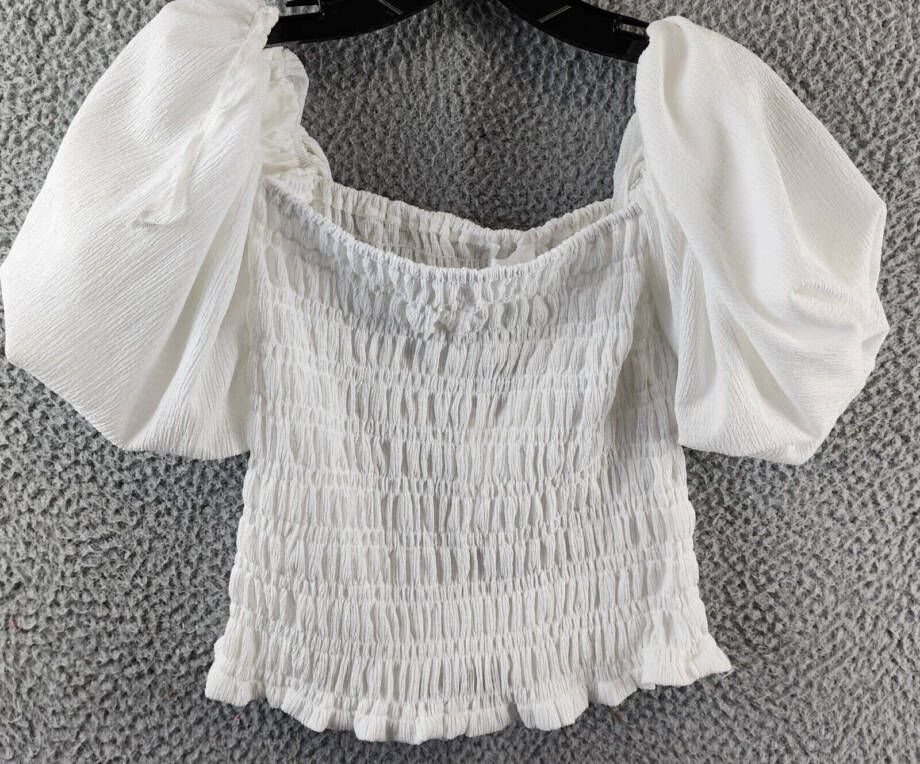 Line & Dot Smocked Off The Shoulder Pullover Top Women's XS Ivory Ruffle Hem