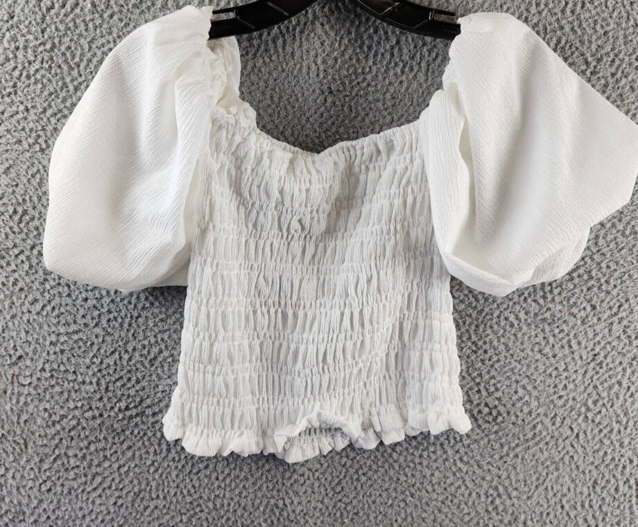 Line & Dot Smocked Off The Shoulder Pullover Top Women's XS Ivory Ruffle Hem