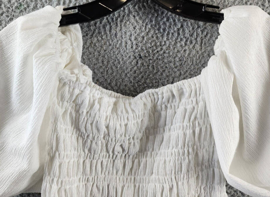 Line & Dot Smocked Off The Shoulder Pullover Top Women's XS Ivory Ruffle Hem