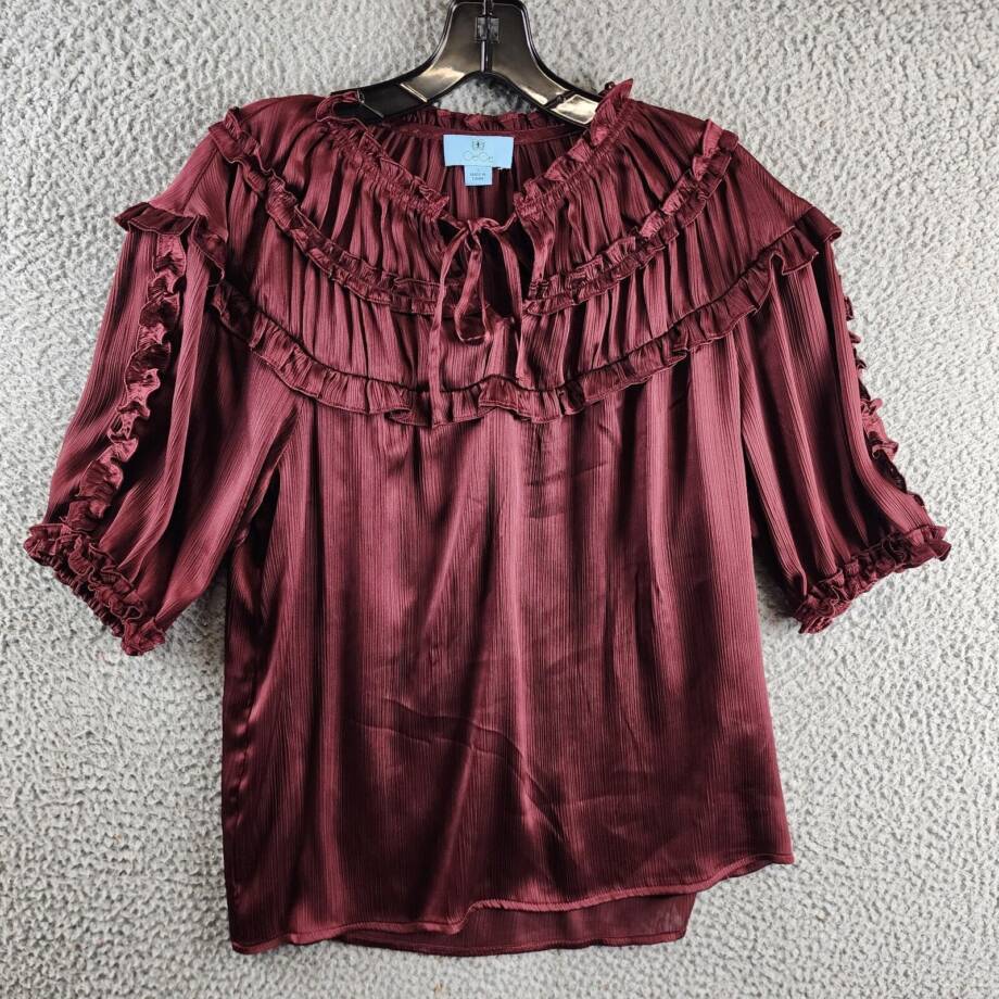 CeCe Ruffled Yoke Top Women's S Deep Red Elbow Sleeves Notch V-Neck Tie Detail