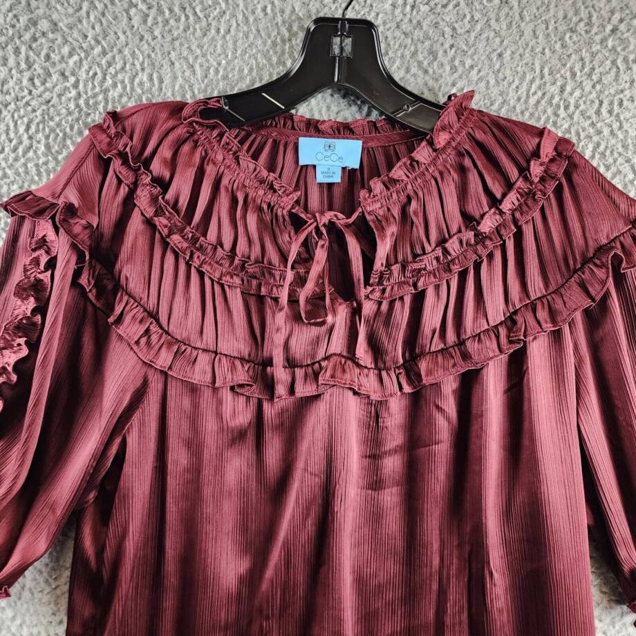 CeCe Ruffled Yoke Top Women's S Deep Red Elbow Sleeves Notch V-Neck Tie Detail