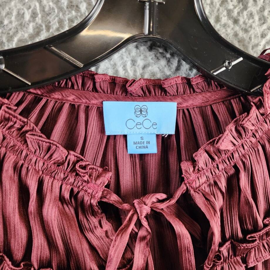 CeCe Ruffled Yoke Top Women's S Deep Red Elbow Sleeves Notch V-Neck Tie Detail