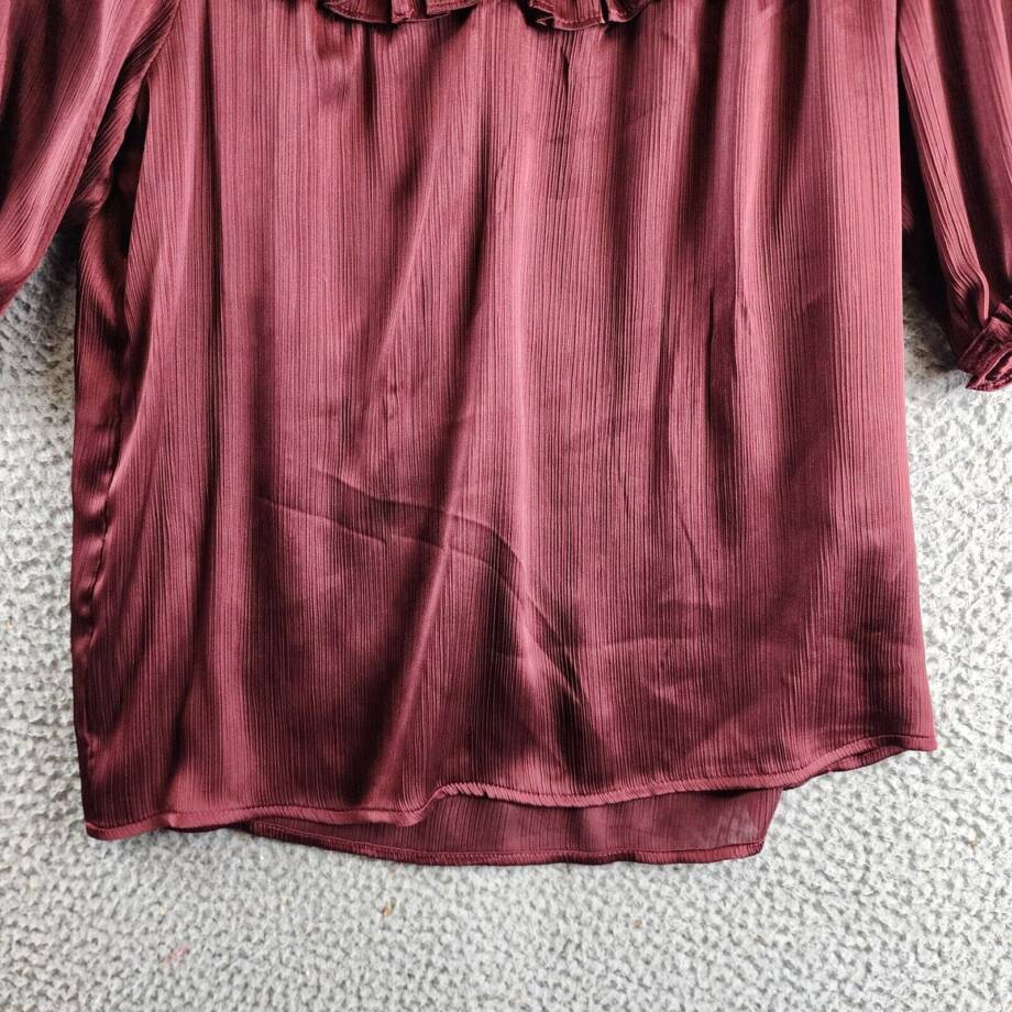 CeCe Ruffled Yoke Top Women's S Deep Red Elbow Sleeves Notch V-Neck Tie Detail