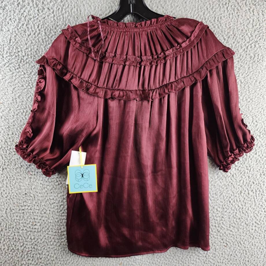CeCe Ruffled Yoke Top Women's S Deep Red Elbow Sleeves Notch V-Neck Tie Detail