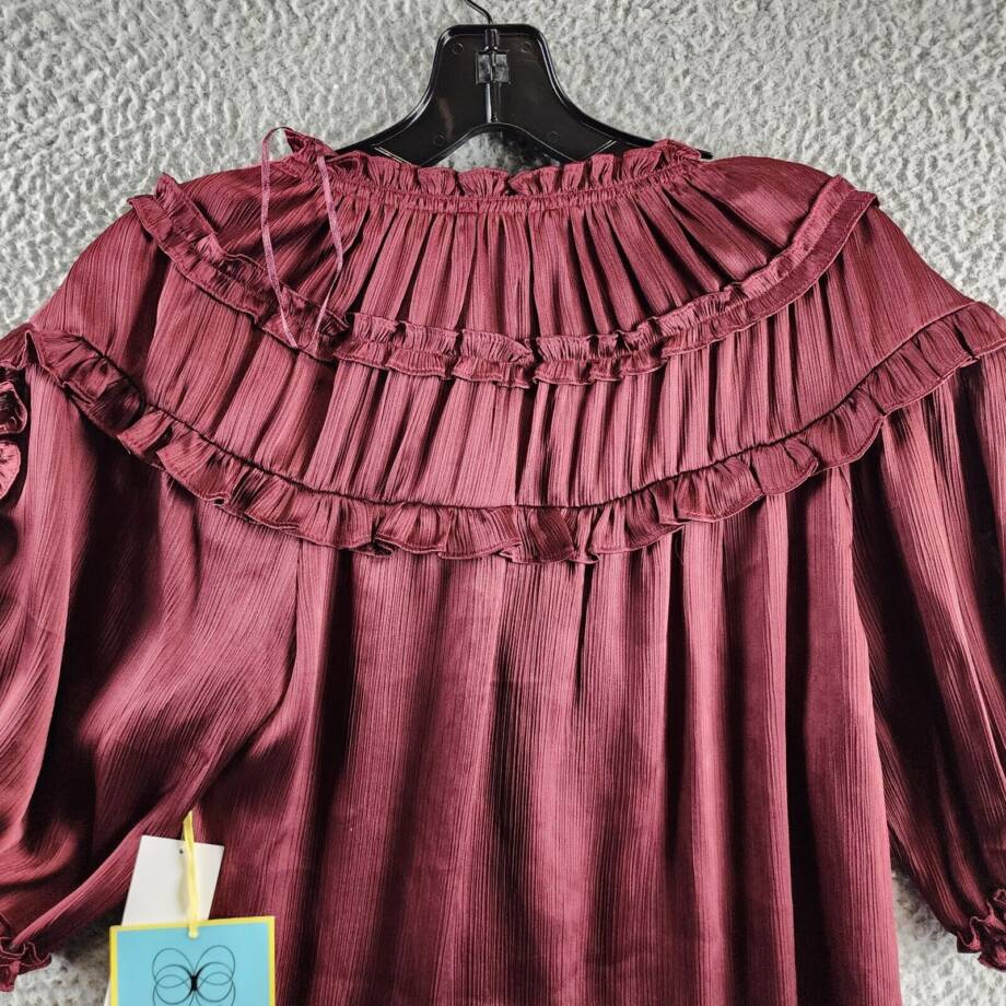 CeCe Ruffled Yoke Top Women's S Deep Red Elbow Sleeves Notch V-Neck Tie Detail
