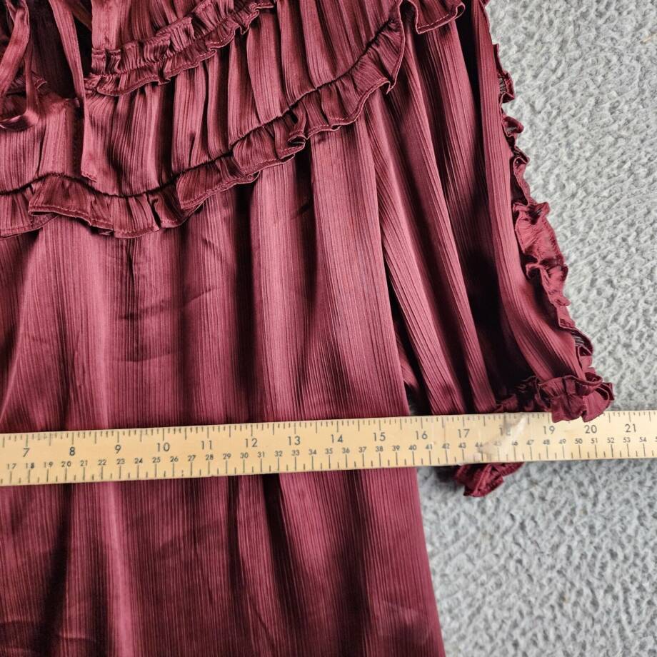 CeCe Ruffled Yoke Top Women's S Deep Red Elbow Sleeves Notch V-Neck Tie Detail