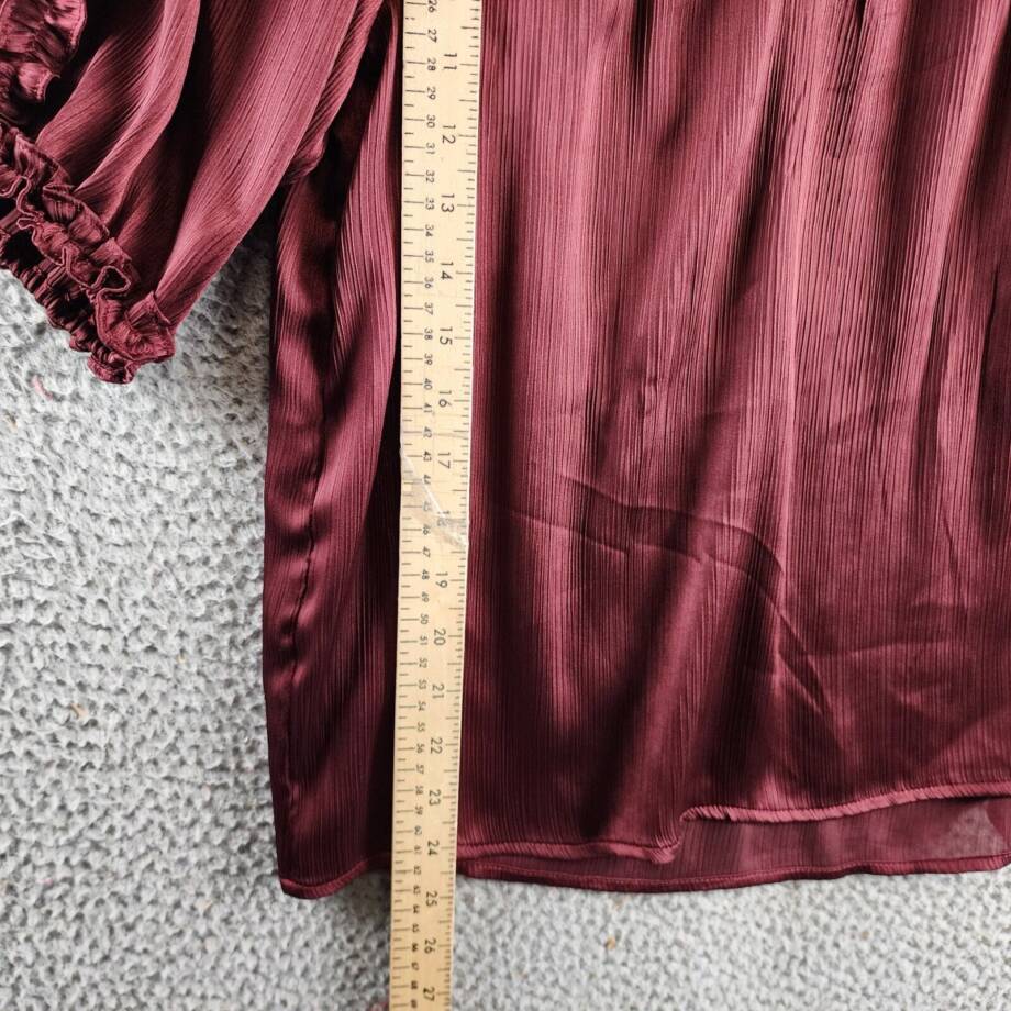 CeCe Ruffled Yoke Top Women's S Deep Red Elbow Sleeves Notch V-Neck Tie Detail