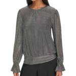 KARL LAGERFELD PARIS Metallic Ruffled-Cuff Top Women's S Silver/Black Pullover