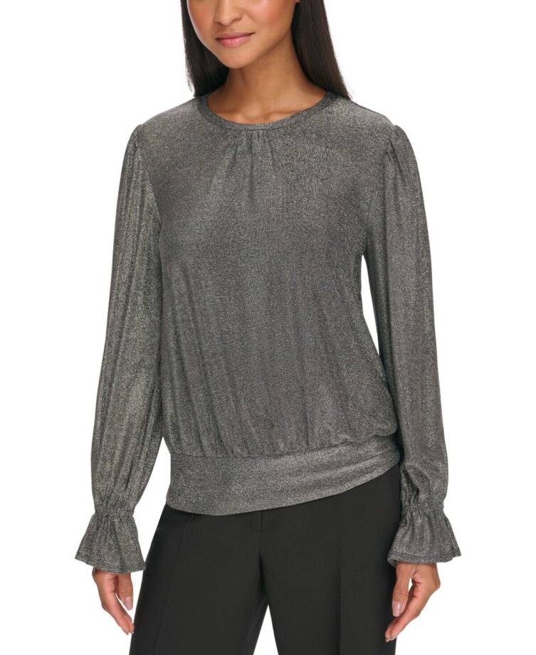 KARL LAGERFELD PARIS Metallic Ruffled-Cuff Top Women's S Silver/Black Pullover