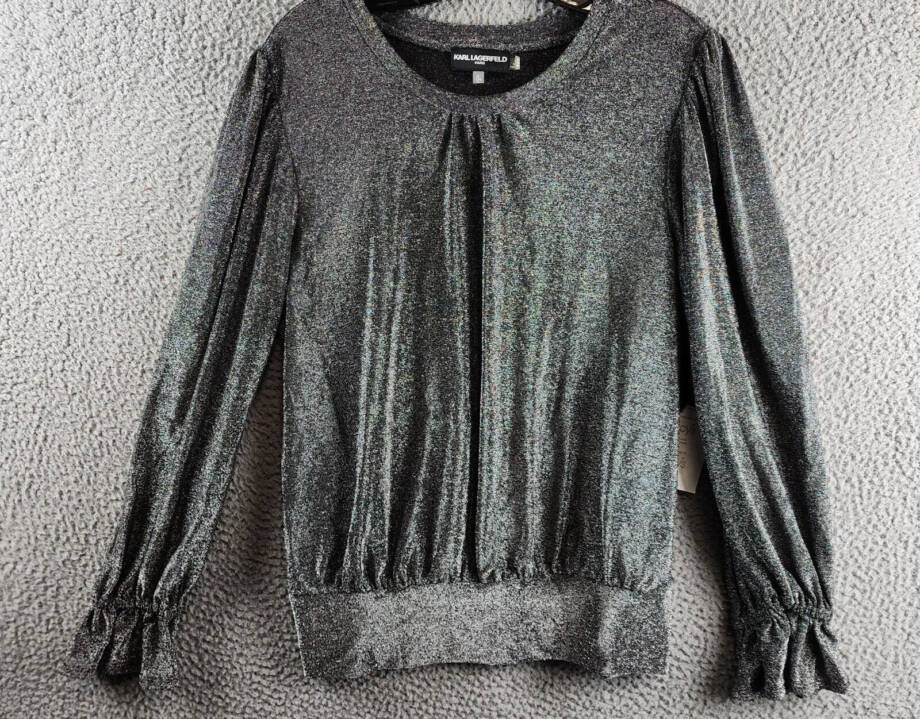 KARL LAGERFELD PARIS Metallic Ruffled-Cuff Top Women's S Silver/Black Pullover