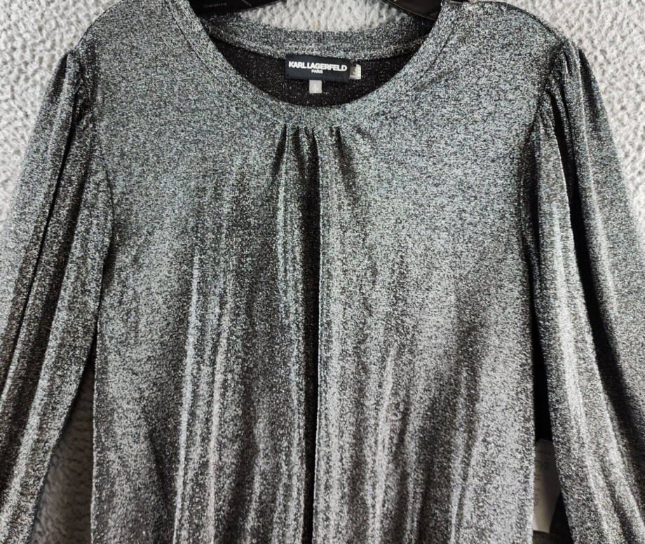 KARL LAGERFELD PARIS Metallic Ruffled-Cuff Top Women's S Silver/Black Pullover