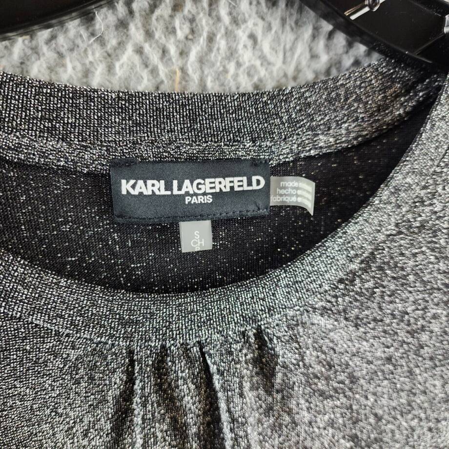 KARL LAGERFELD PARIS Metallic Ruffled-Cuff Top Women's S Silver/Black Pullover