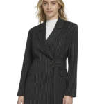 Calvin Klein Pinstripe Belted Jacket Women's 8 Black Flap Pockets Long Sleeve