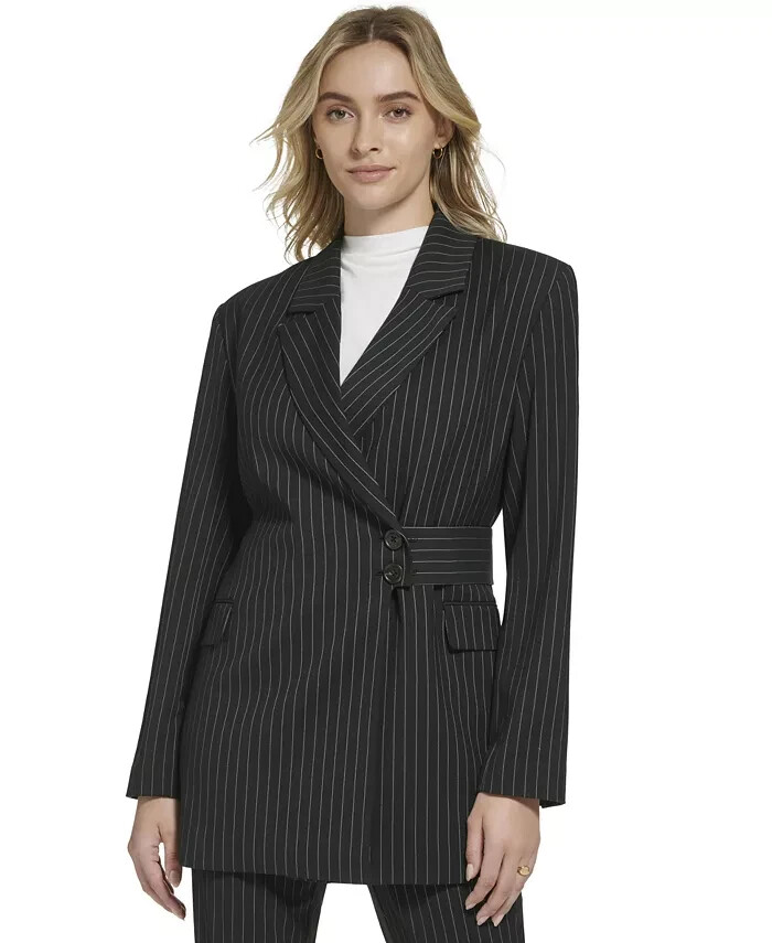 Calvin Klein Pinstripe Belted Jacket Women's 8 Black Flap Pockets Long Sleeve