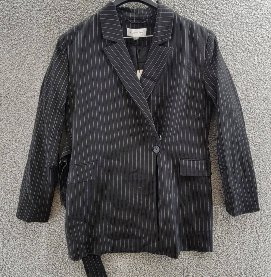 Calvin Klein Pinstripe Belted Jacket Women's 8 Black Flap Pockets Long Sleeve