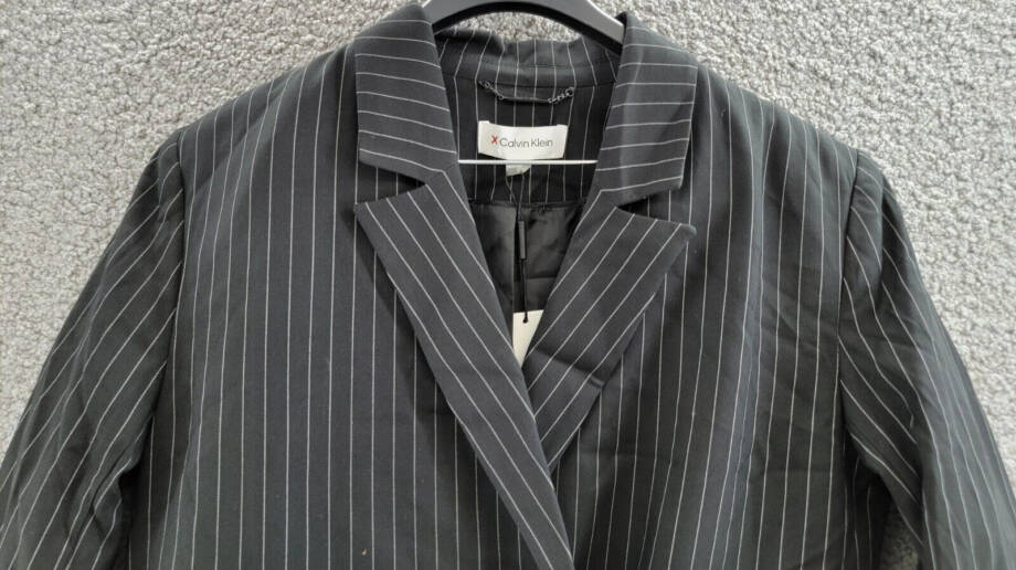Calvin Klein Pinstripe Belted Jacket Women's 8 Black Flap Pockets Long Sleeve