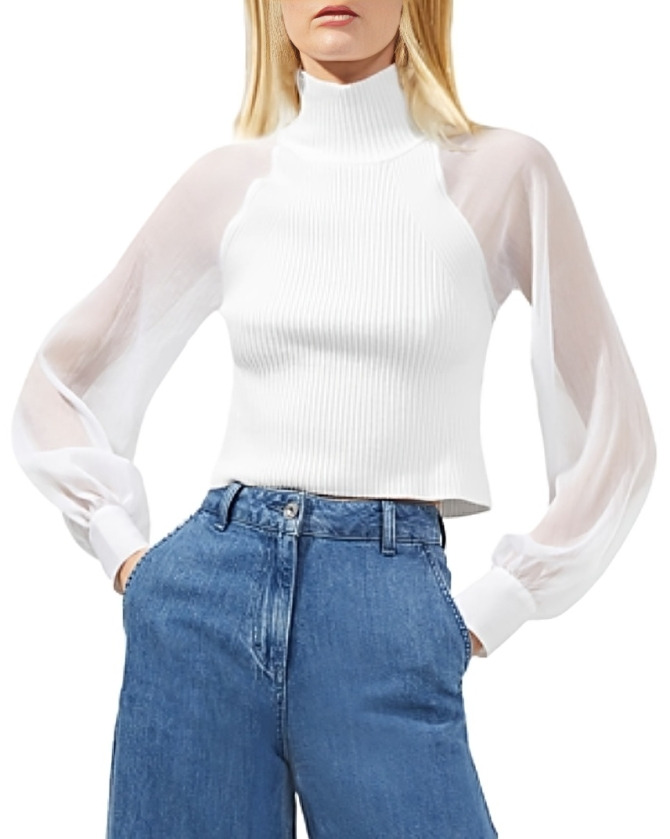 FRENCH CONNECTION Melody Mixed Media Top Women's S Summer White Mock Neck L/S