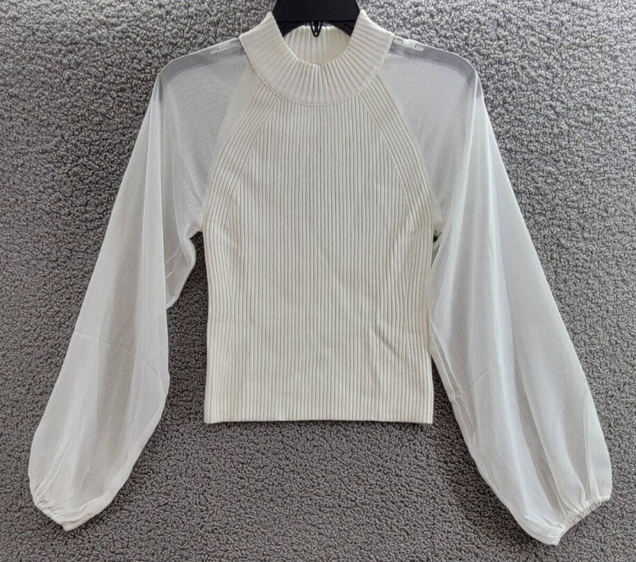 FRENCH CONNECTION Melody Mixed Media Top Women's S Summer White Mock Neck L/S