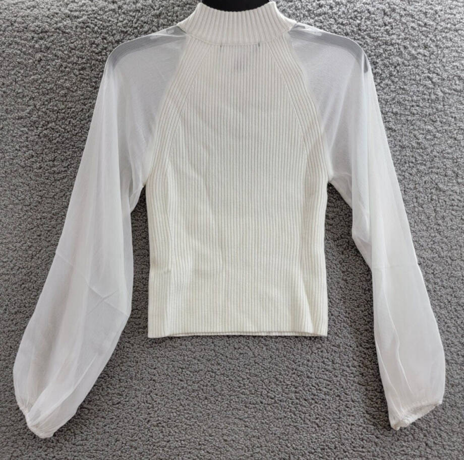 FRENCH CONNECTION Melody Mixed Media Top Women's S Summer White Mock Neck L/S