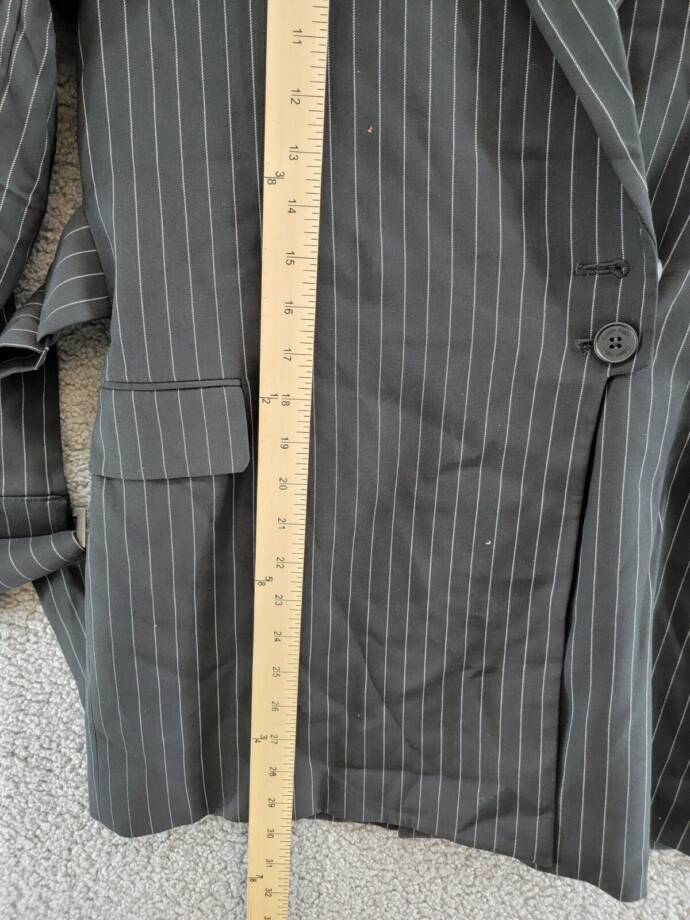 Calvin Klein Pinstripe Belted Jacket Women's 8 Black Flap Pockets Long Sleeve