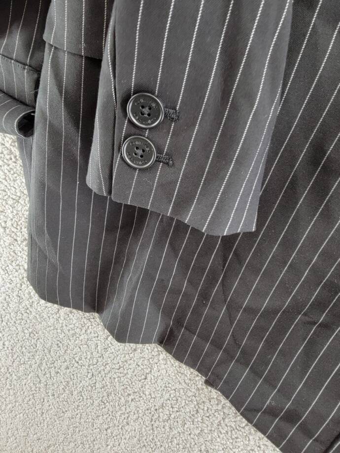 Calvin Klein Pinstripe Belted Jacket Women's 8 Black Flap Pockets Long Sleeve