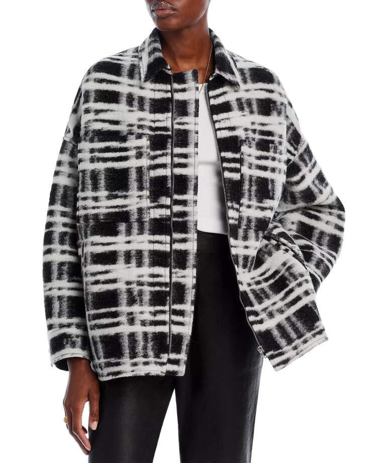 IRO Zachary Wool Blend Long Sleeve Jacket Women's 36 Black/Ecru Pocket Zip Front