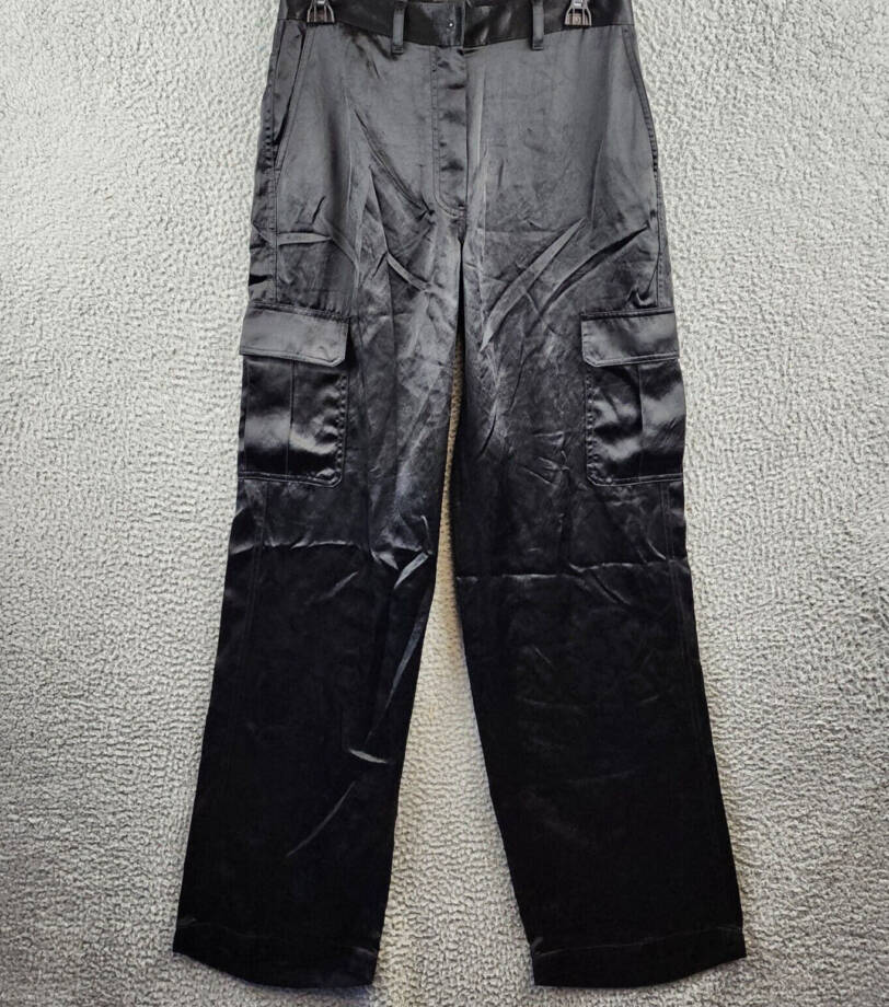 Theory Satin-Finish Wide-Leg Pants Women's 2 Black Solid Button Zip Closure