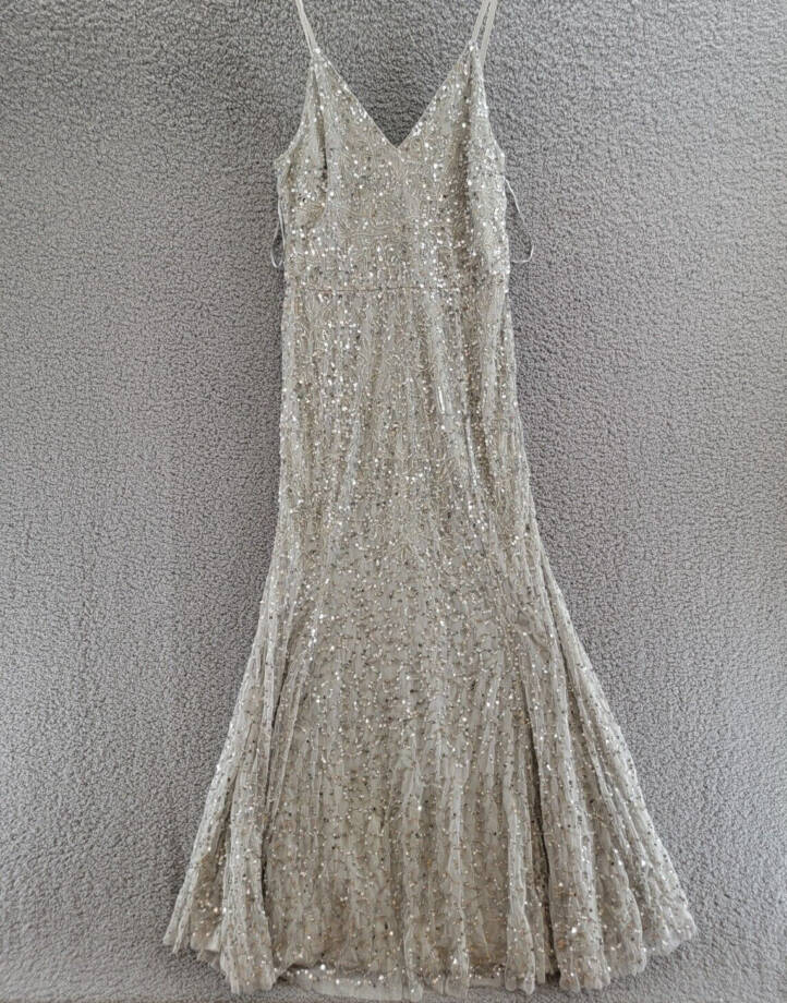 QUIZ Beaded Fishtail Maxi Dress Women's 10 Silver V-Neck Sleeveless Back Zip