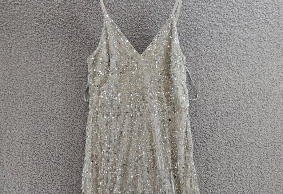 QUIZ Beaded Fishtail Maxi Dress Women's 10 Silver V-Neck Sleeveless Back Zip