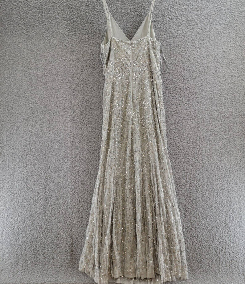 QUIZ Beaded Fishtail Maxi Dress Women's 10 Silver V-Neck Sleeveless Back Zip