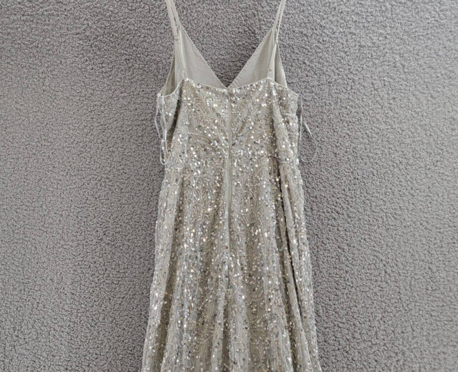 QUIZ Beaded Fishtail Maxi Dress Women's 10 Silver V-Neck Sleeveless Back Zip