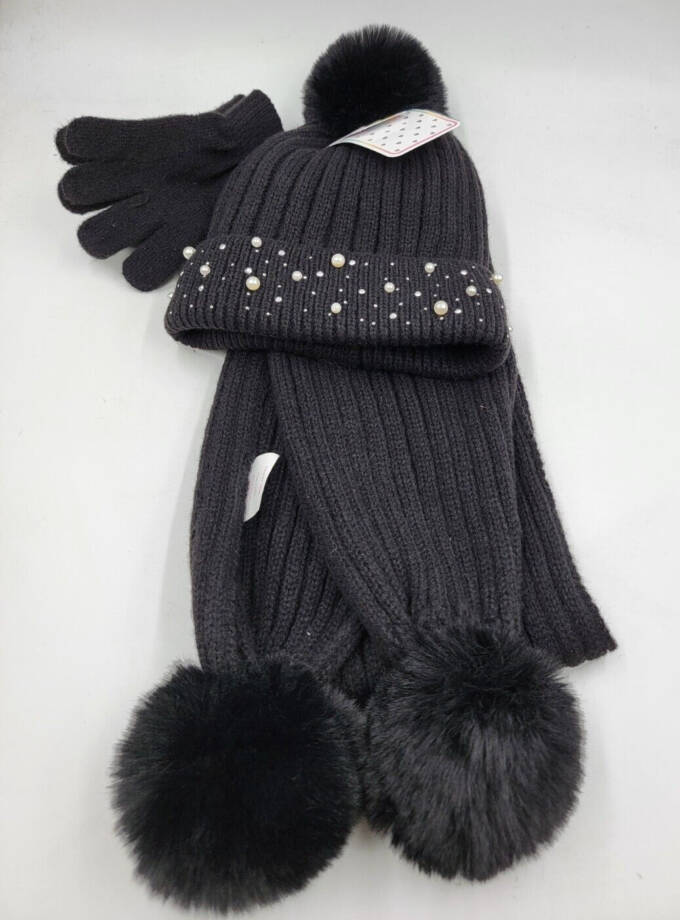 Inmocean Rainbow Sugar Embellished Cuff Hat, Gloves & Scarf Set Big Girls Black~