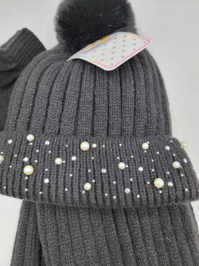 Inmocean Rainbow Sugar Embellished Cuff Hat, Gloves & Scarf Set Big Girls Black~