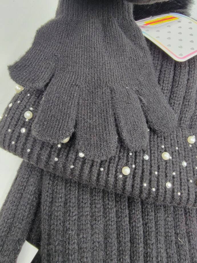 Inmocean Rainbow Sugar Embellished Cuff Hat, Gloves & Scarf Set Big Girls Black~